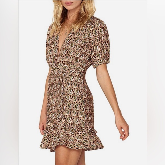 THE EAST ORDER Rust and black paisley deep V ruffle hem mini dress size L - Picture 2 of 16